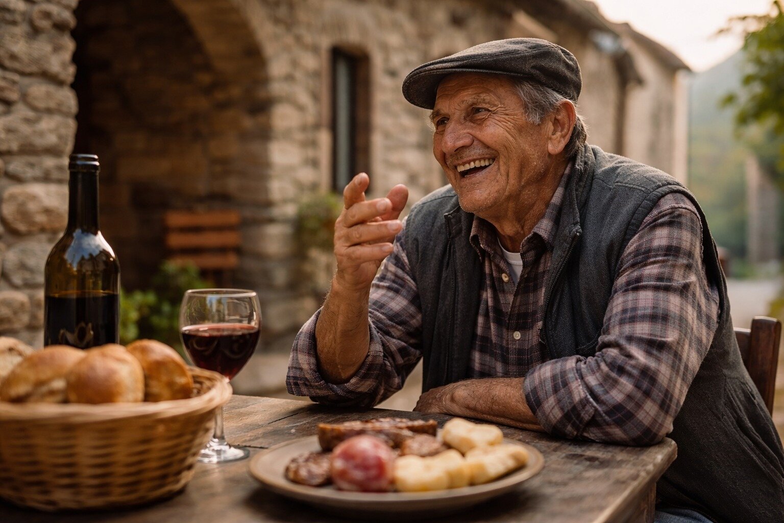 Anziano a tavola con prodotti tipici abruzzesi parla animatamente in dialetto | © Immagine generata da IA