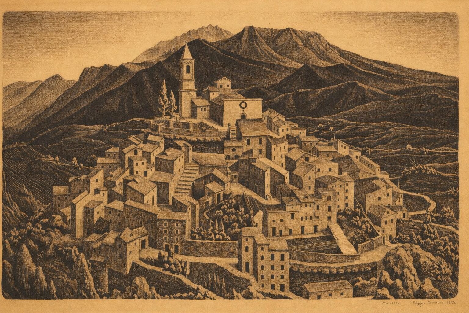 Goriano Sicoli in Abruzzo dipinto da Escher | © Wikimedia