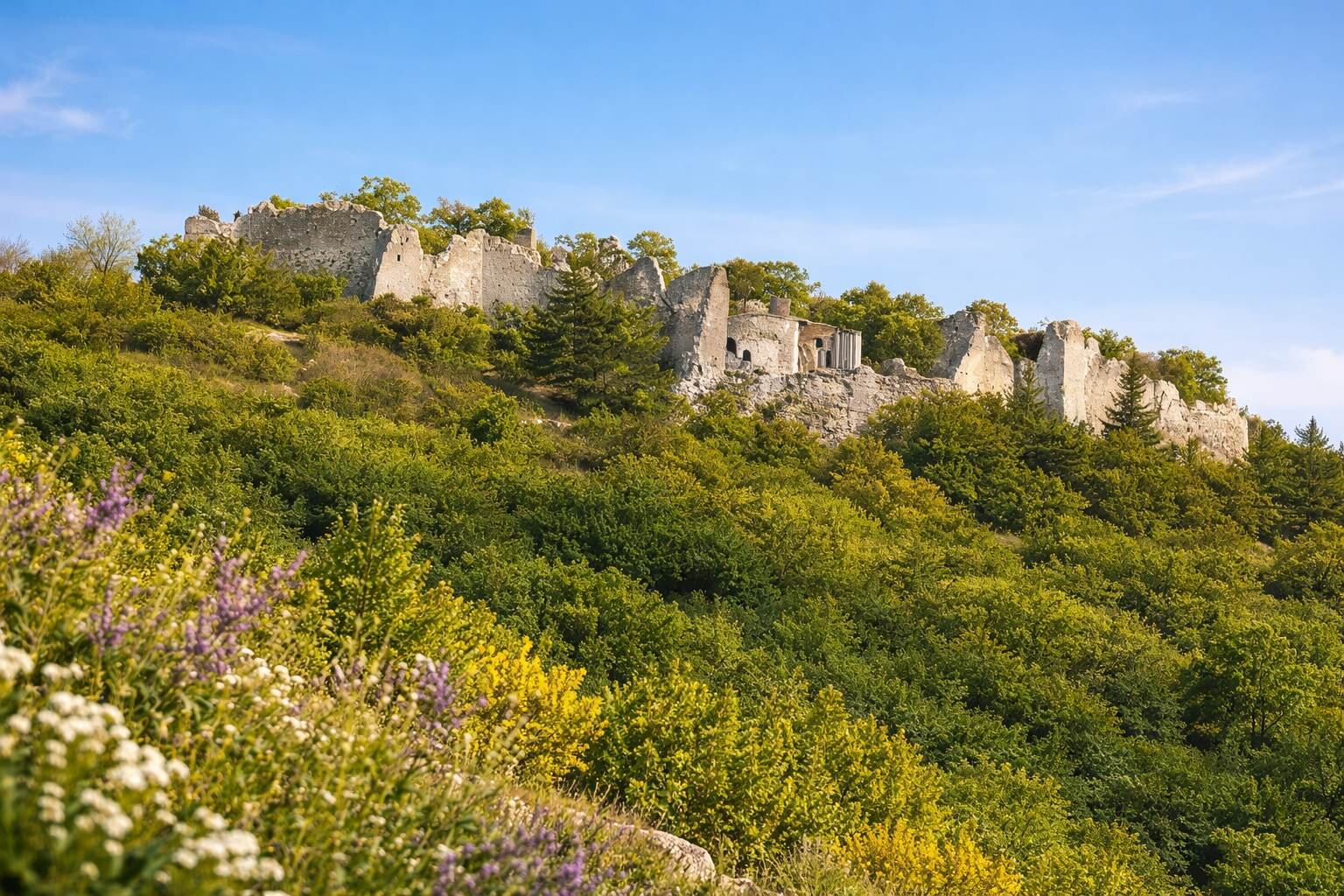 Resti del Castello di Ocre in Abruzzo in primavera | © Wikimedia ottimizzata con IA