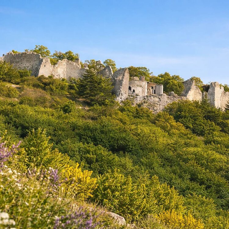 Resti del Castello di Ocre in Abruzzo in primavera | © Wikimedia ottimizzata con IA