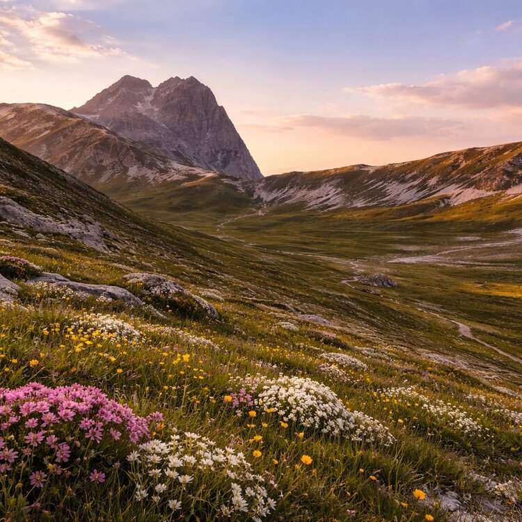 Panoramica del Gran Sasso d'Abruzzo in primavera | © Generata da IA