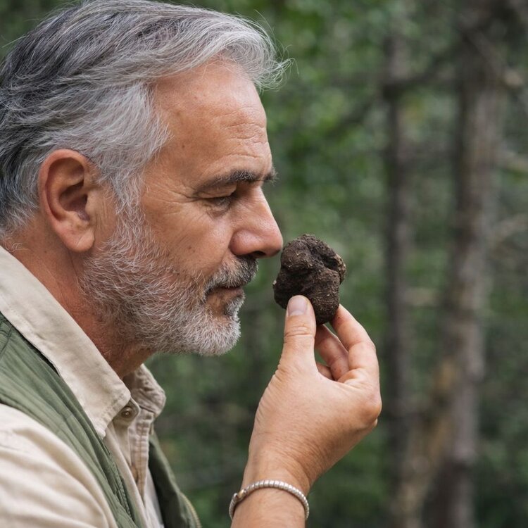 Un signore sente il profumo di un tartufo nero d'Abruzzo | © Generato da IA