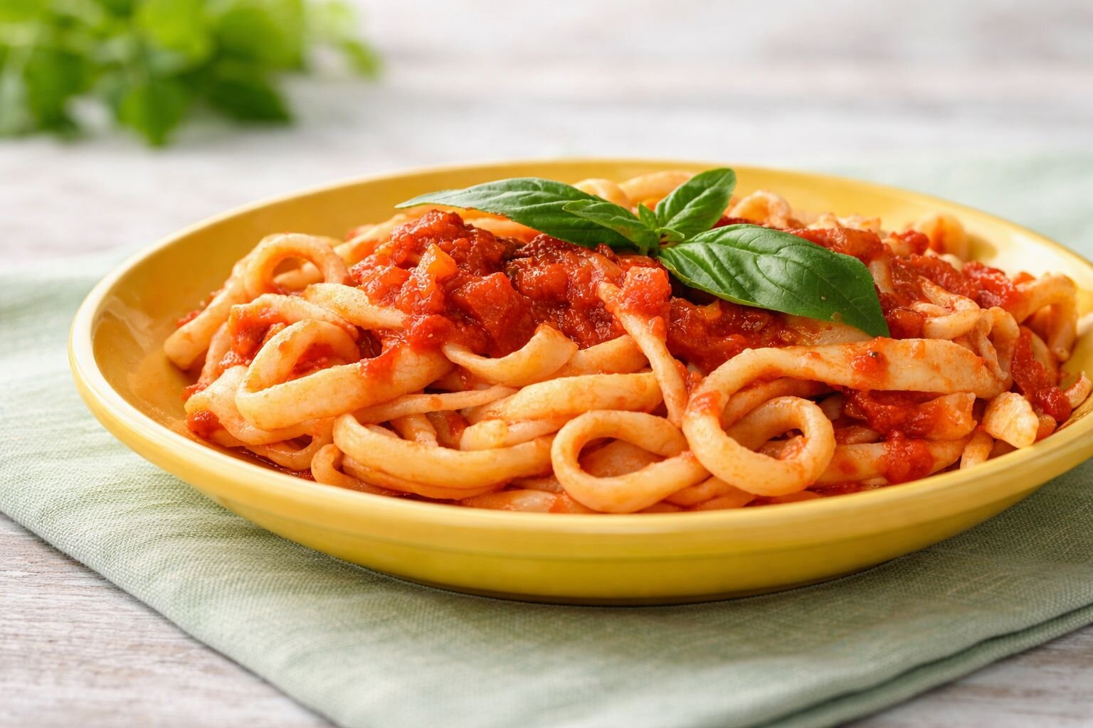 Piatto di pasta tipico dell'Abruzzo chiamato "alla mugnaia" | © Generato da IA