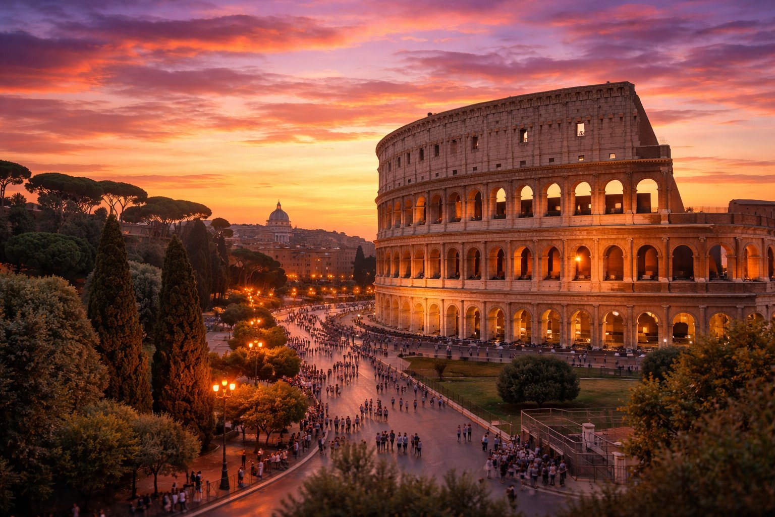 Il Colosseo di Roma durante il tramonto | © Generata con IA