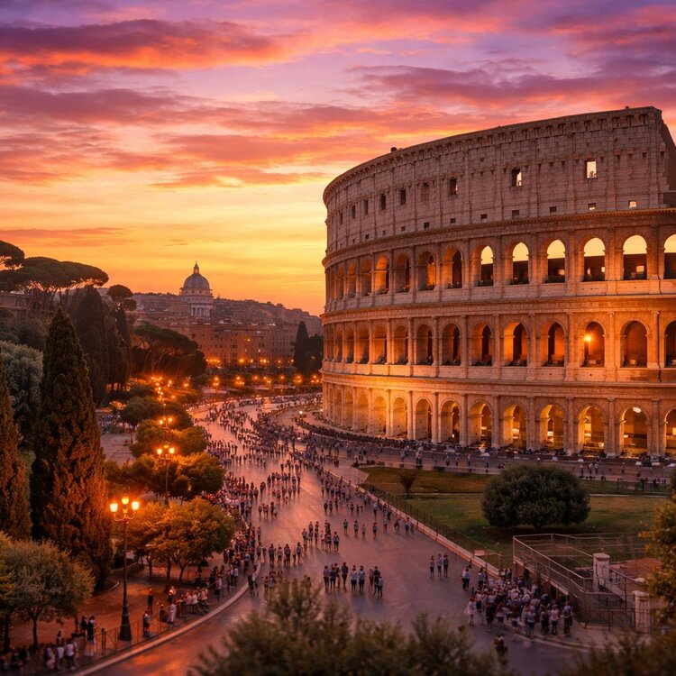 Il Colosseo di Roma durante il tramonto | © Generata con IA