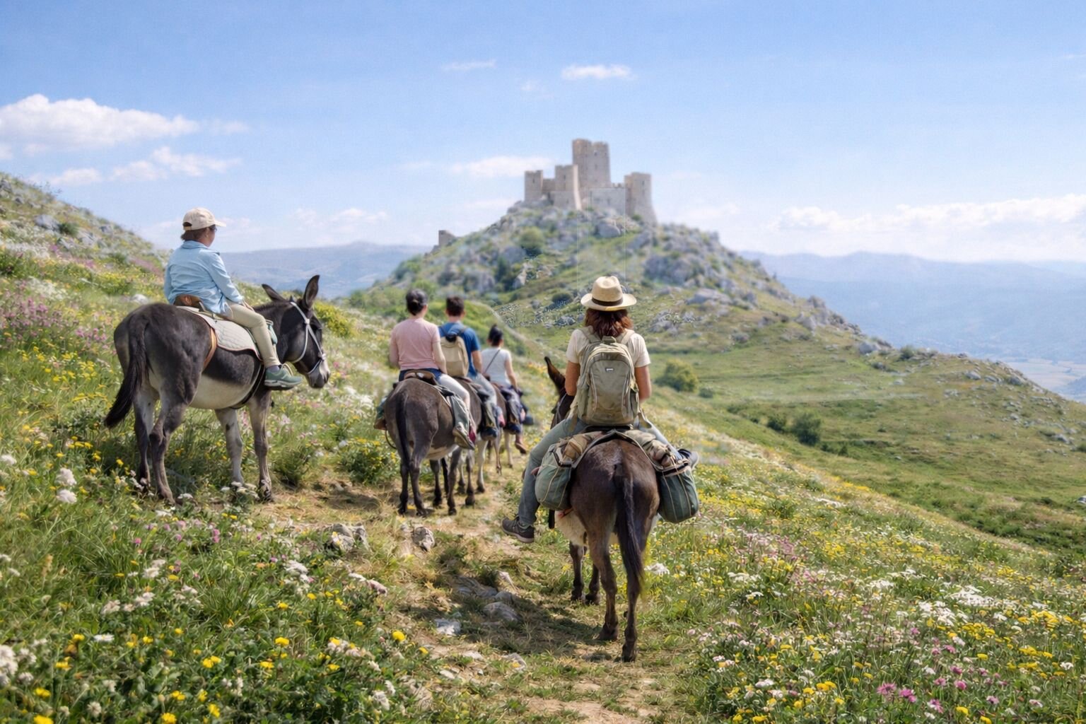 Gruppo di persone fa una gita a Rocca di Calasio con gli asini | © Generata con IA