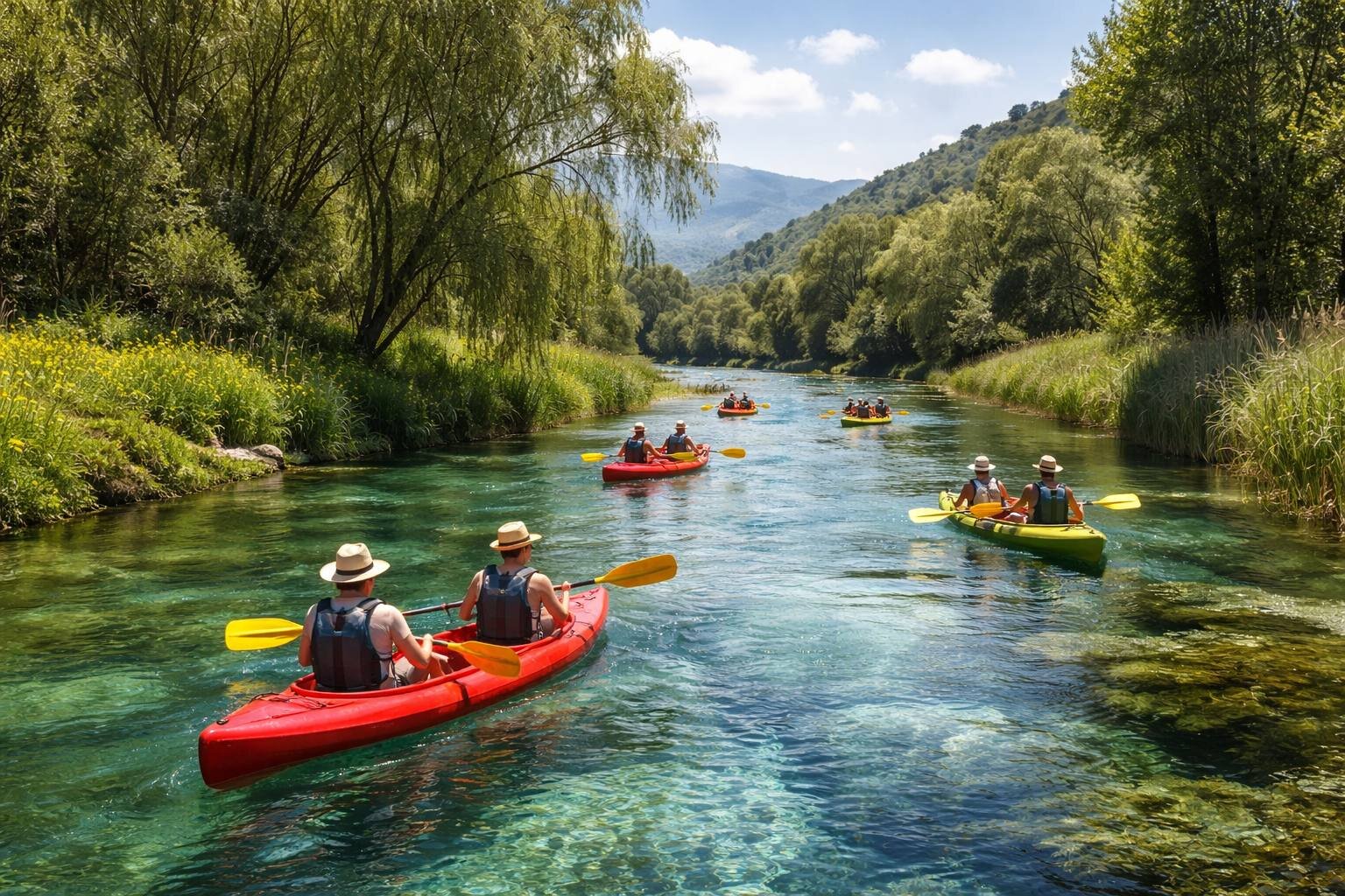 Gruppo di canoe sulle acque cristalline del fiume Tirino in Abruzzo | © Generata con IA