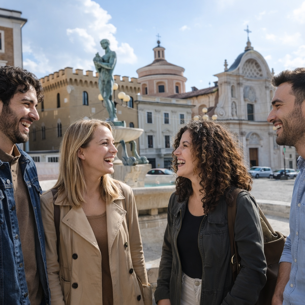 Amici che parlano e sorridono in piazza all'Aquila | © Generata da IA