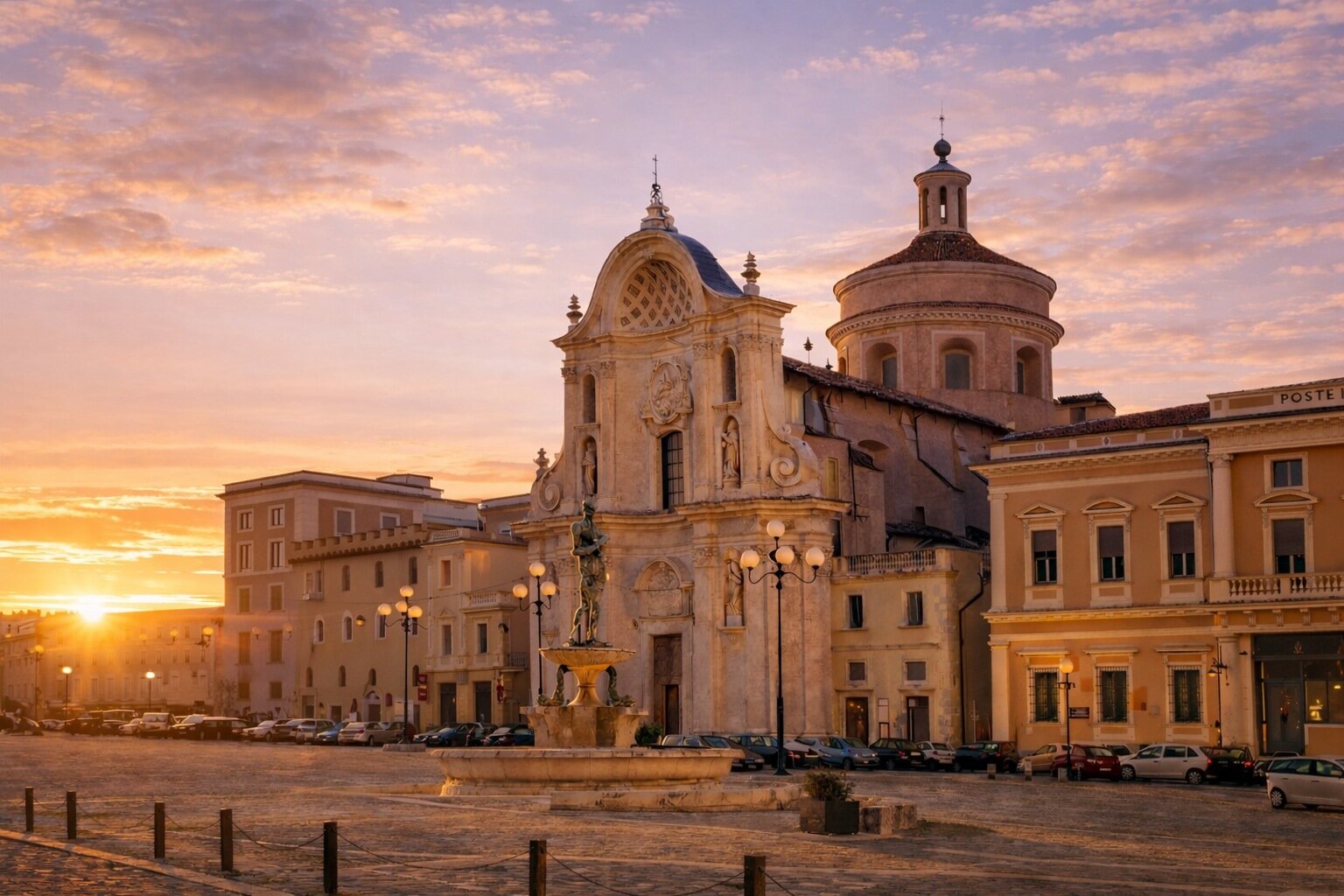 Centro storico della città dell'Aquila al tramonto | © Generata da IA