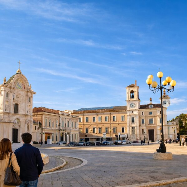Coppia passeggia per il centro storico di l'Aquila | © Generata da IA