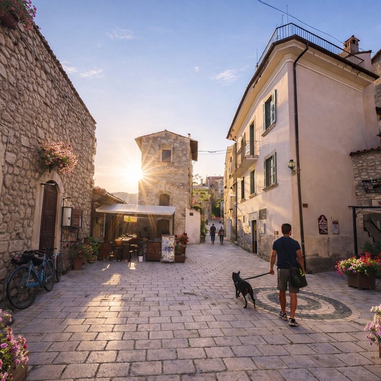 Centro storico in pieta di un borgo sugli appennini abruzzesi | © Generato da IA