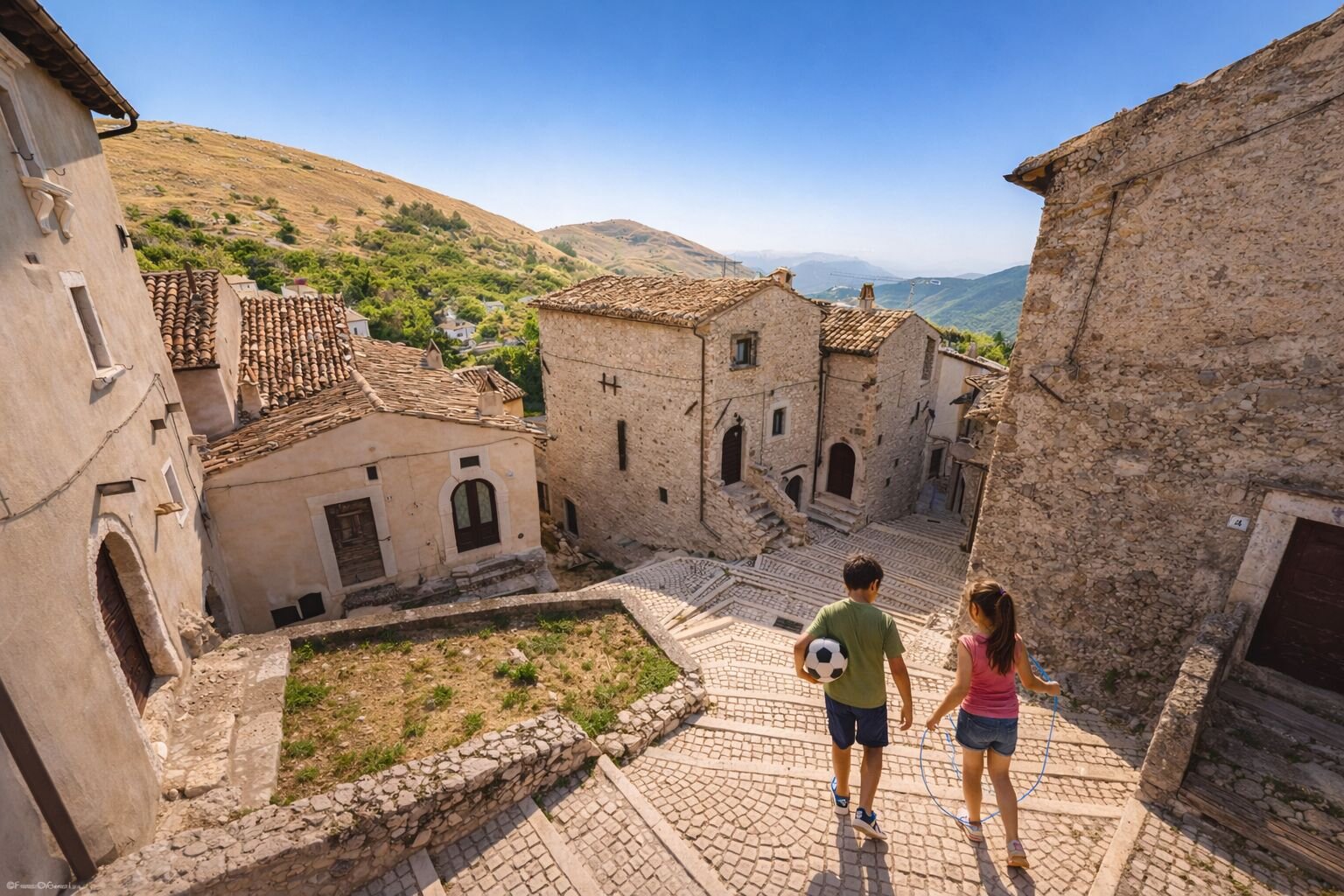 Bambini che giocano in un borgo abruzzese | © Generato da IA