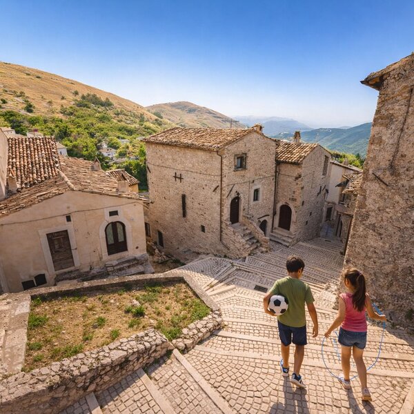 Bambini che giocano in un borgo abruzzese | © Generato da IA
